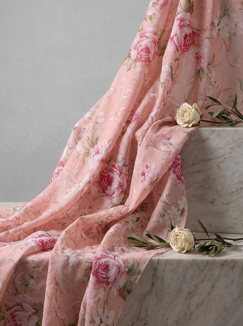 Peach Vintage Peony Floral Pure Cotton Digital Printed Fabric