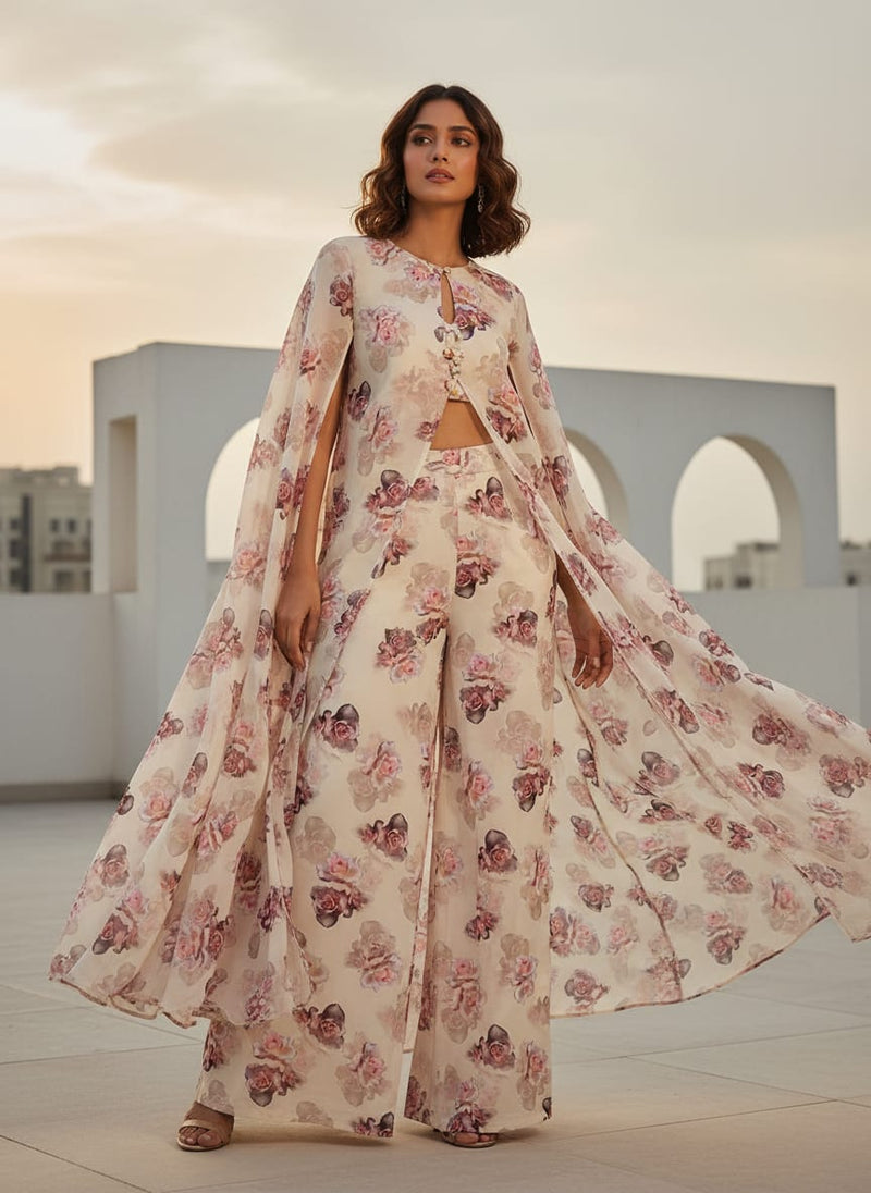 Cream Flower Weightless Printed Fabric