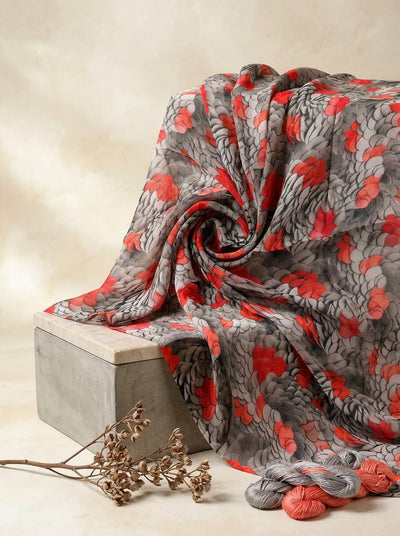 Grey Abstract Layered Petals Pure Georgette Digital Printed Fabric