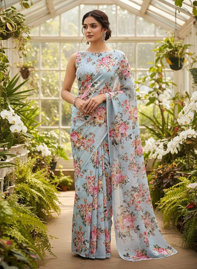 Gray Flower Silk Crepe Printed Fabric