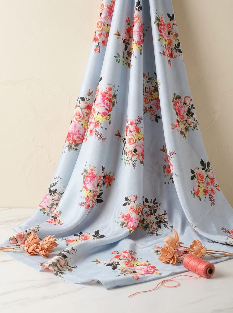 Blue Vintage Rose Bouquet Floral Silk Crepe Digital Printed Fabric