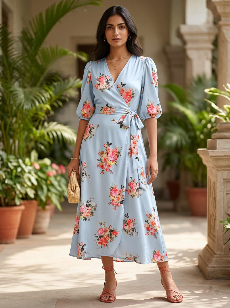 Blue Vintage Rose Bouquet Floral Silk Crepe Digital Printed Fabric