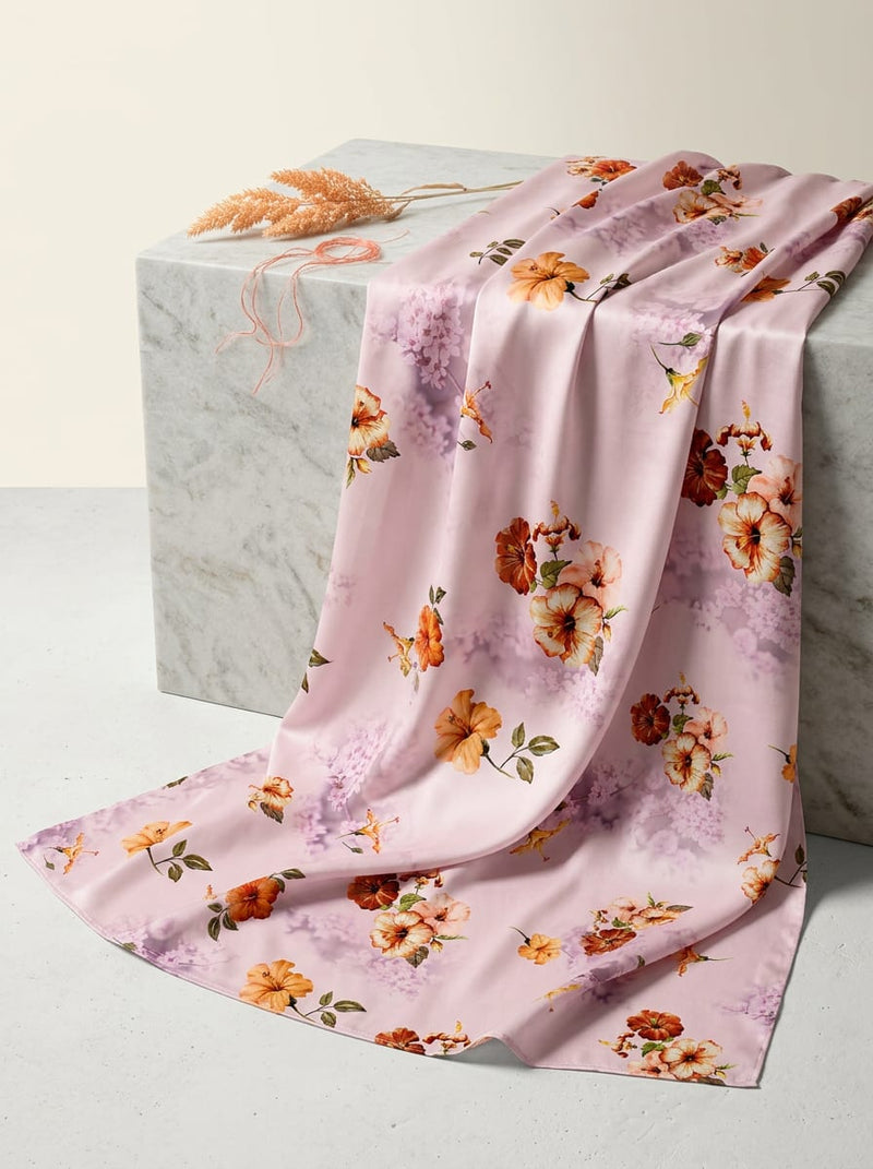 Pink Scattered Hibiscus Floral Japan Satin Digital Printed Fabric