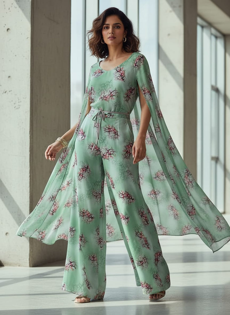 Green Pista Flower Japan Satin Printed Fabric