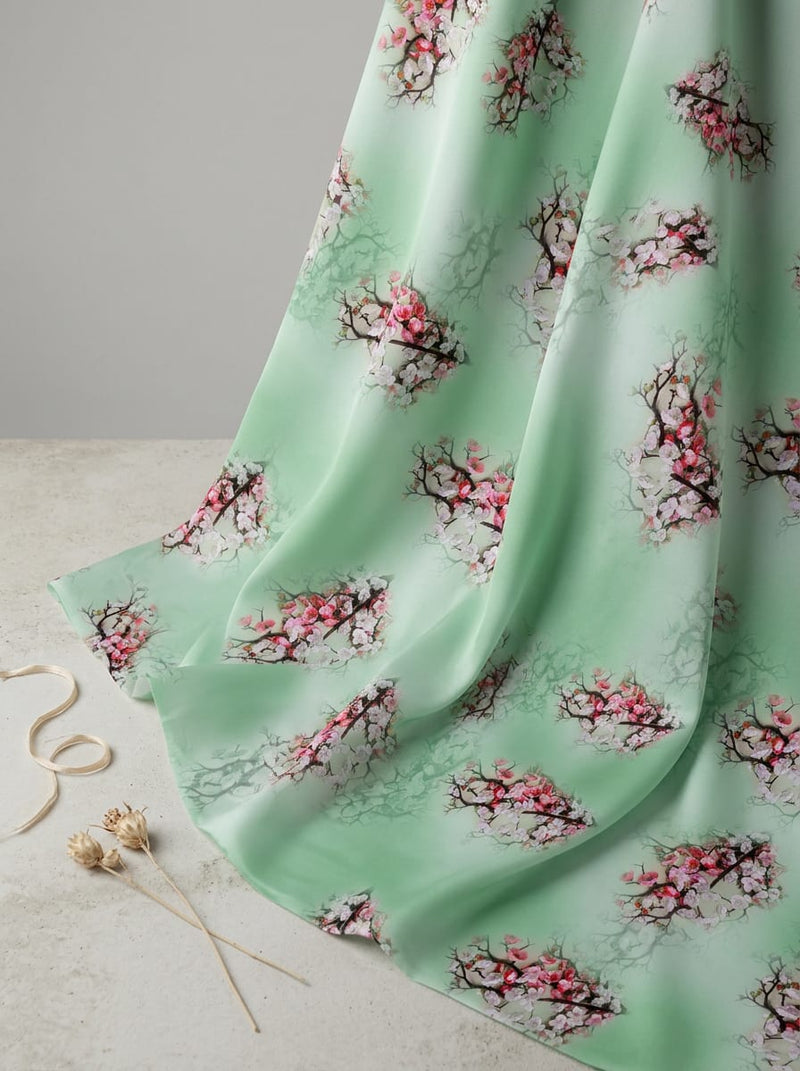 Green Cherry Blossom Floral Japan Satin Digital Printed Fabric