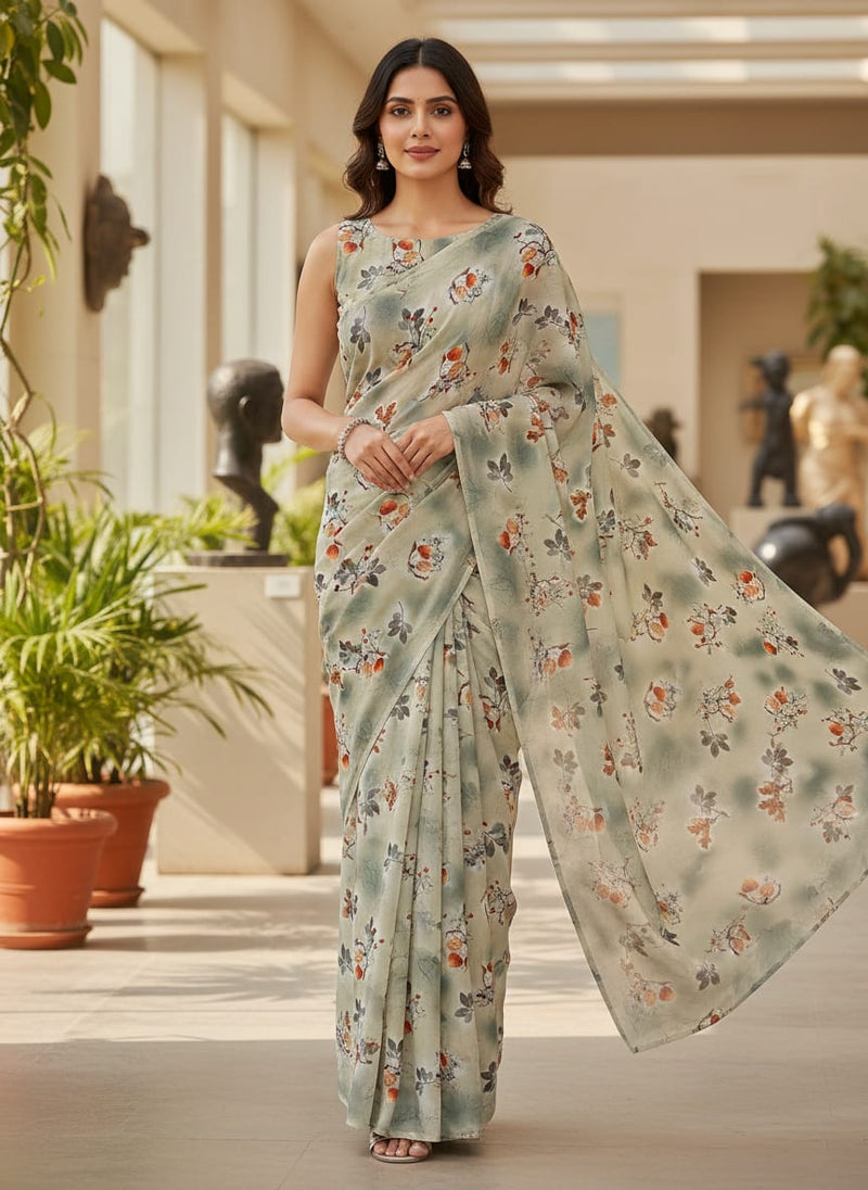 Gray Leaves Silk Crepe Printed Fabric