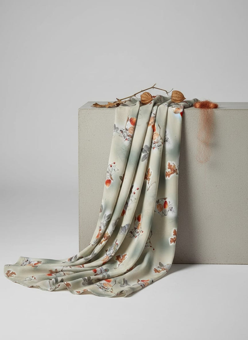 Gray Leaves Silk Crepe Printed Fabric