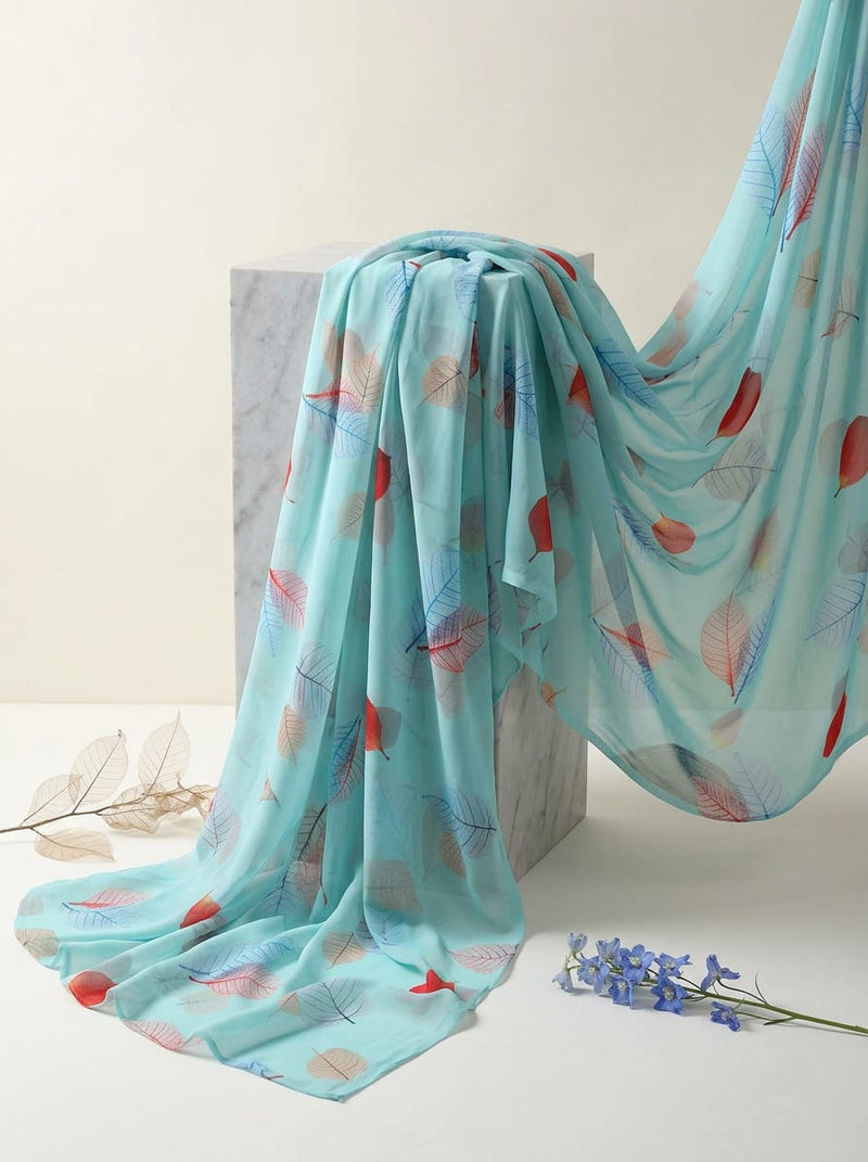 Teal Scattered Skeletal Leaves Weightless Digital Printed Fabric