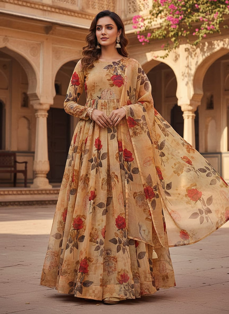 Cream Leaves Pure Georgette Printed Fabric