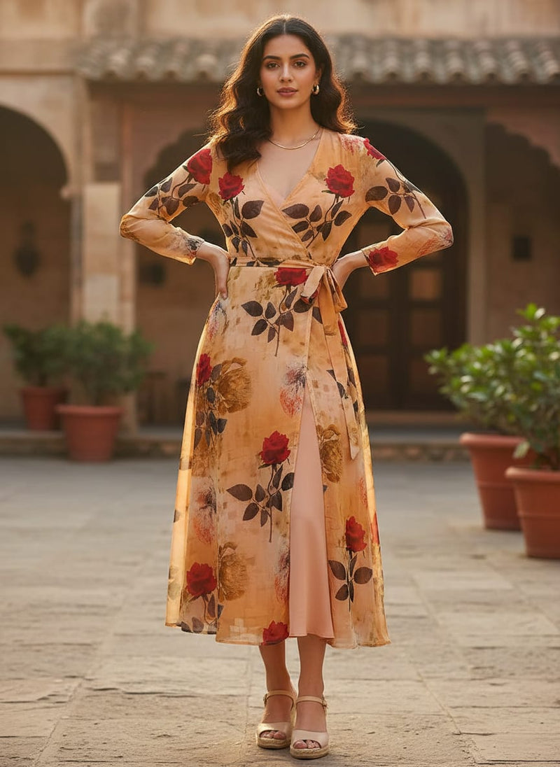 Cream Leaves Pure Georgette Printed Fabric