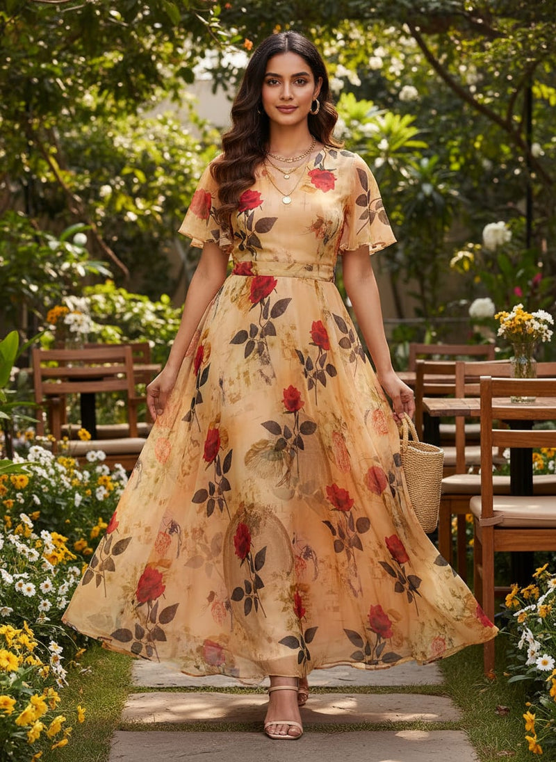 Cream Leaves Pure Georgette Printed Fabric