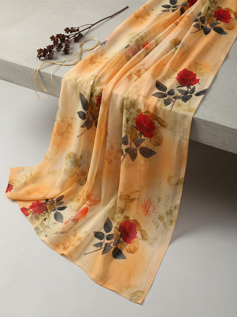 Peach Watercolor Rose Floral Pure Georgette Digital Printed Fabric