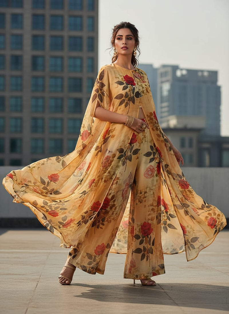 Cream Leaves Pure Georgette Printed Fabric