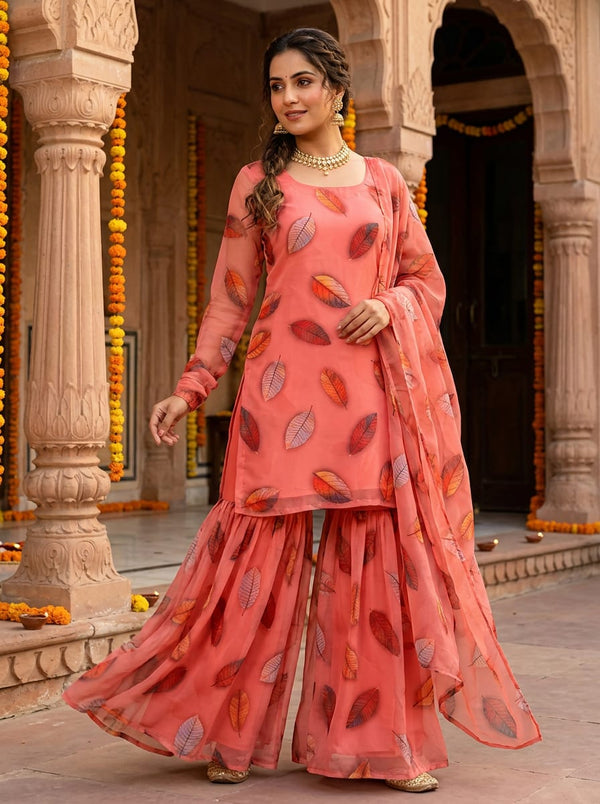 Peach Colorful Falling Leaves Weightless Digital Printed Fabric - Sharara Set Lookbook - WE-0-TA09143A-110 - alternate view