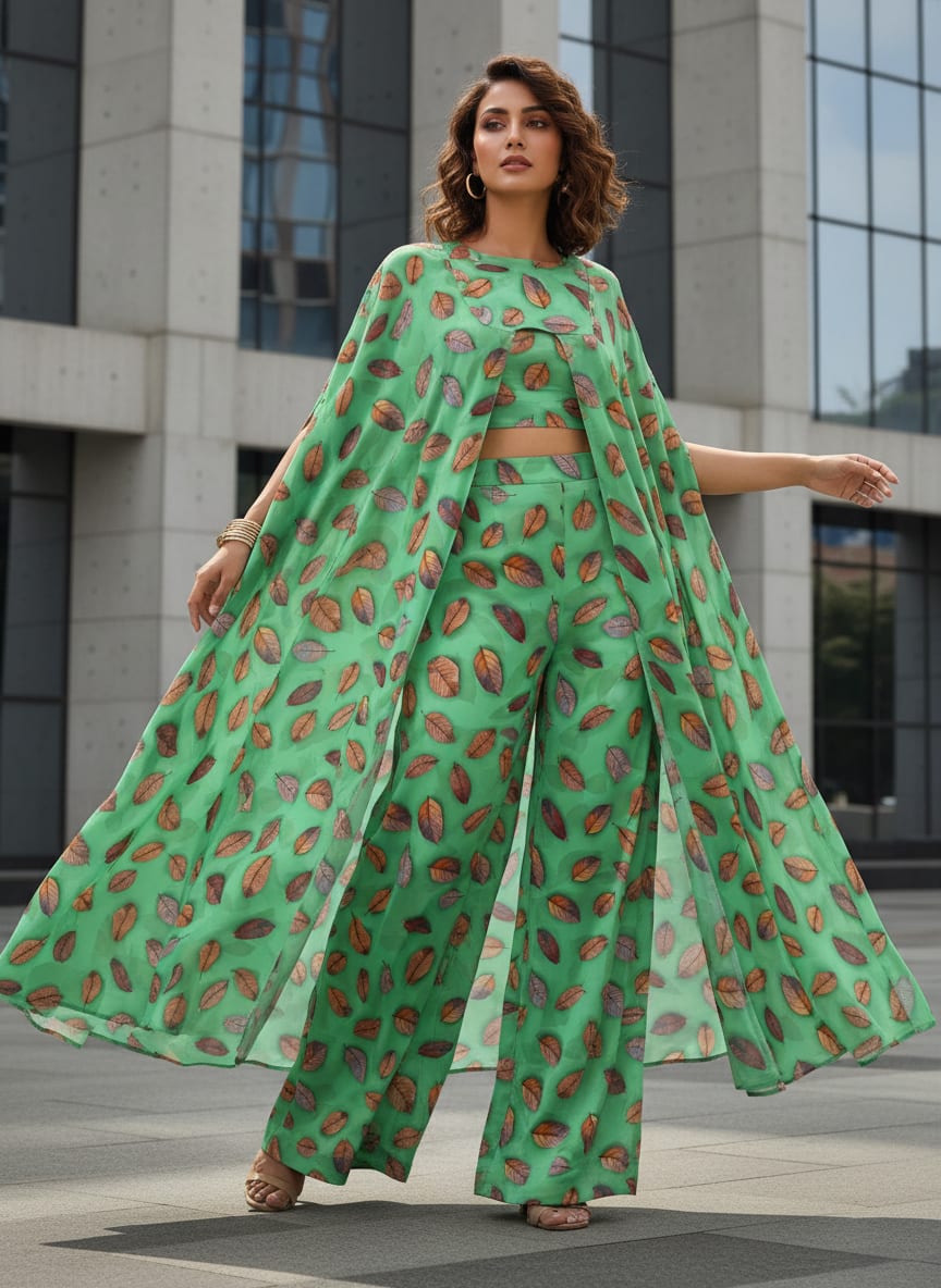 Green Pista Leaves Japan Satin Printed Fabric