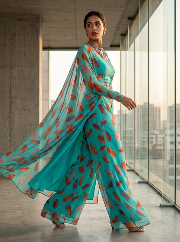Teal Autumnal Falling Leaves Pure Georgette Digital Printed Fabric - Cape with Palazzo Lookbook - PG-0-TA09143D-110 - alternate view