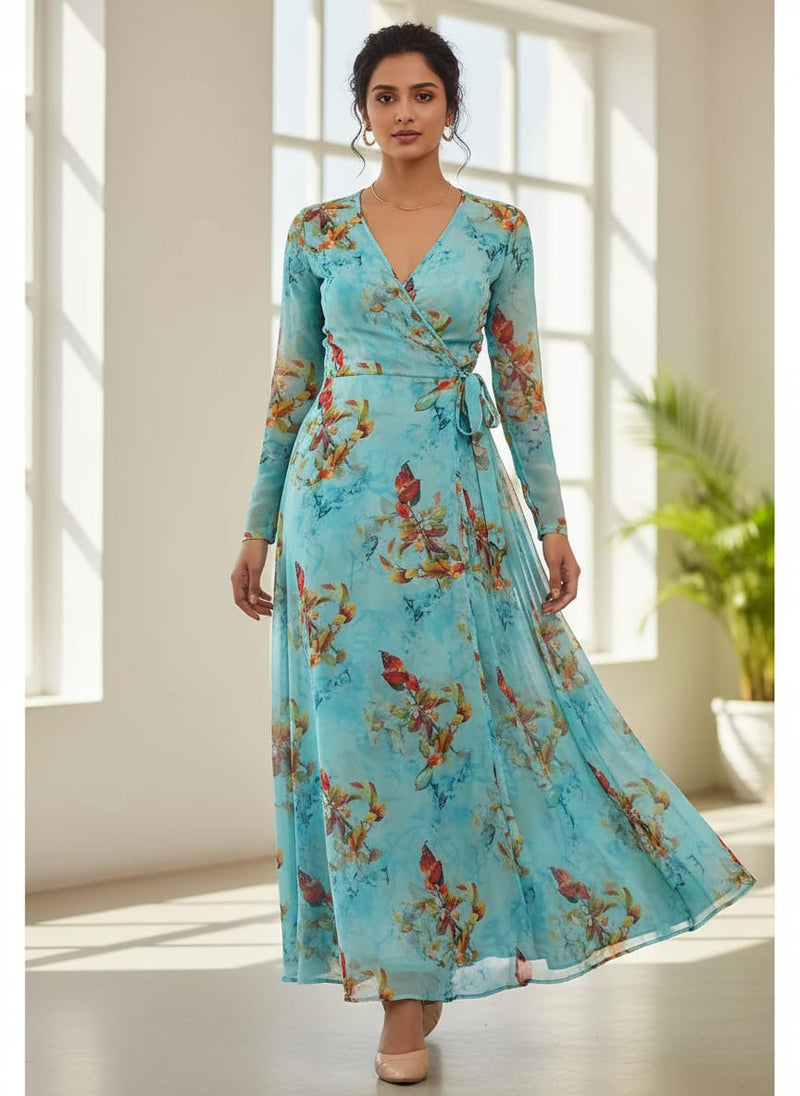 Turquoise Flower Weightless Printed Fabric