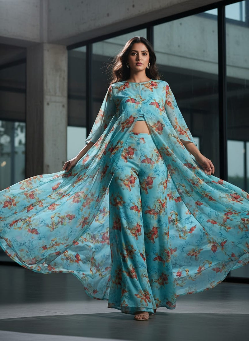 Turquoise Flower Weightless Printed Fabric
