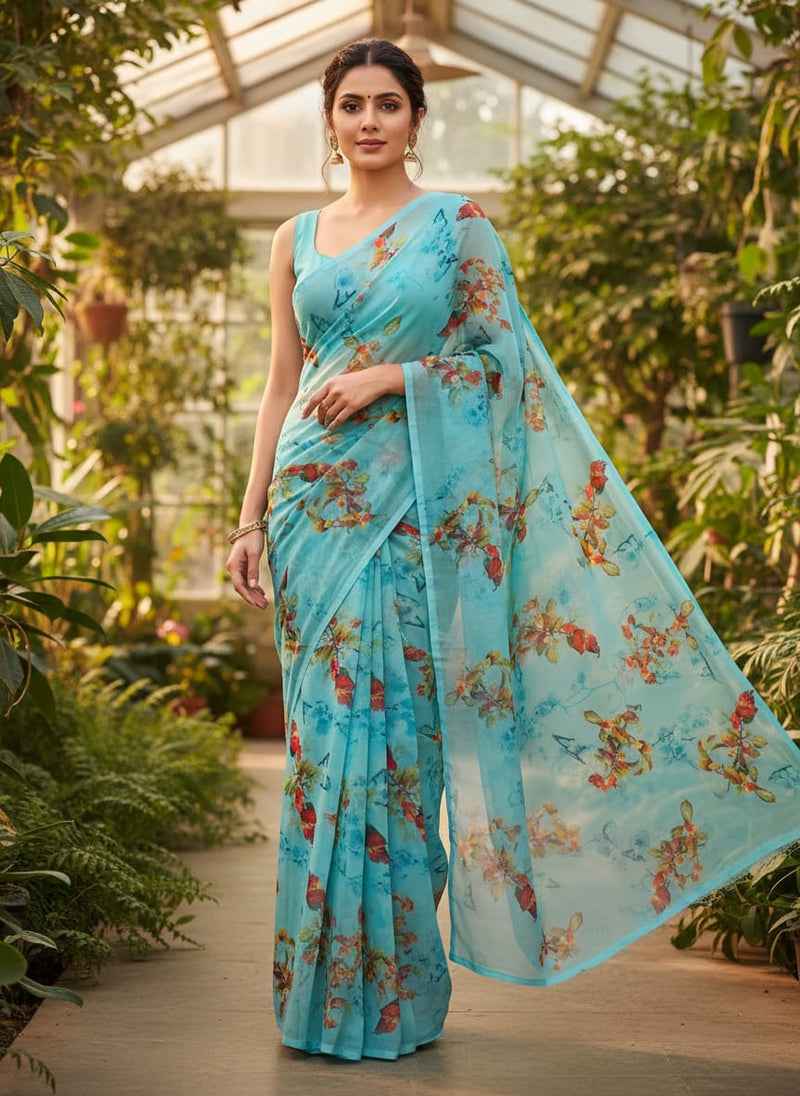Turquoise Flower Weightless Printed Fabric