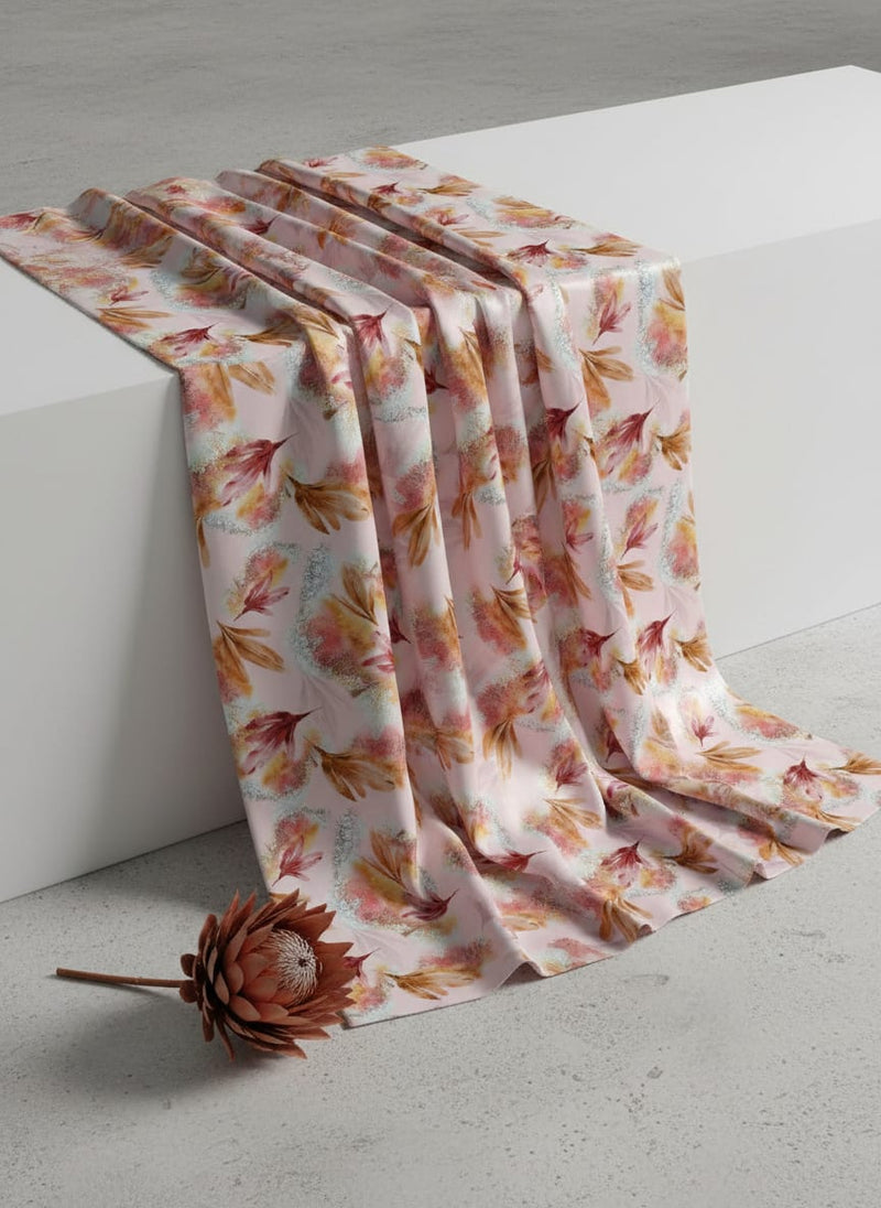 White Gloss Leaves Japan Satin Printed Fabric