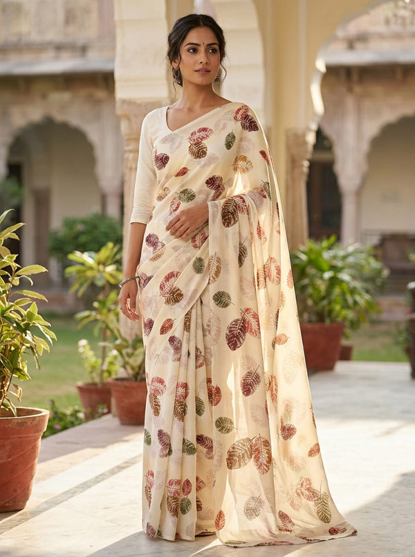 Multicolor Autumnal Leaf Stamp Print Weightless Digital Printed Fabric - Saree Lookbook - WE-0-TA09242P1-110 - alternate view