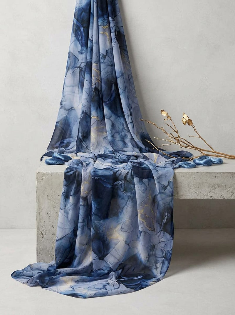 Blue Abstract Marble Ink Print Weightless Digital Printed Fabric