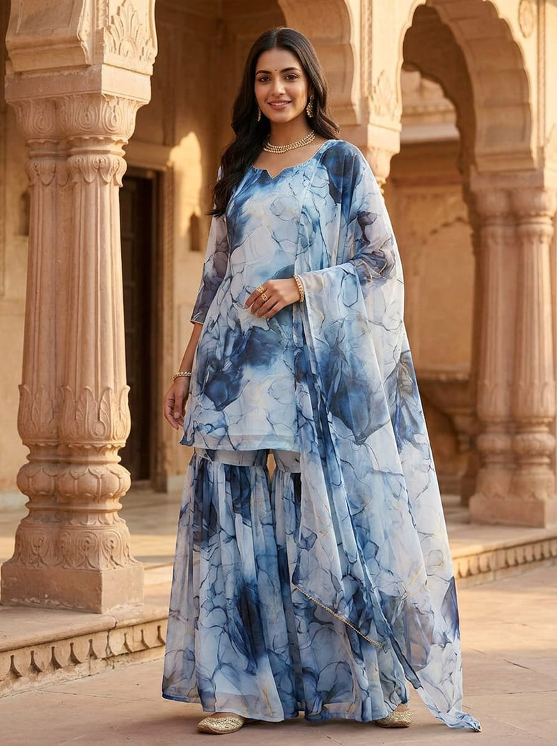 Blue Abstract Marble Ink Print Weightless Digital Printed Fabric