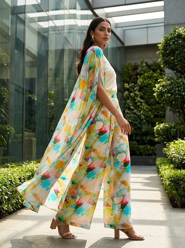Multicolor Abstract Botanical Striped Collage Weightless Digital Printed Fabric - Cape with Palazzo Lookbook - WE-0-TA09248P2-110 - alternate view