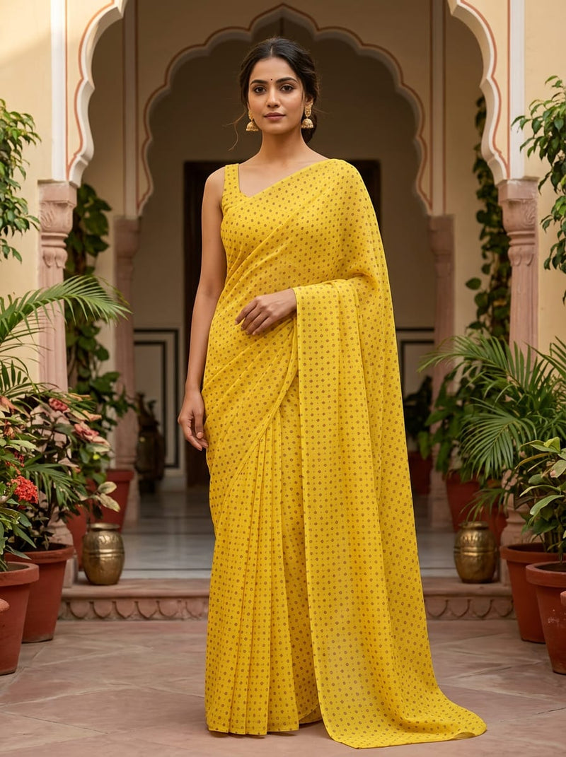Yellow Small Ethnic Buti Print Kora Silk Digital Printed Fabric