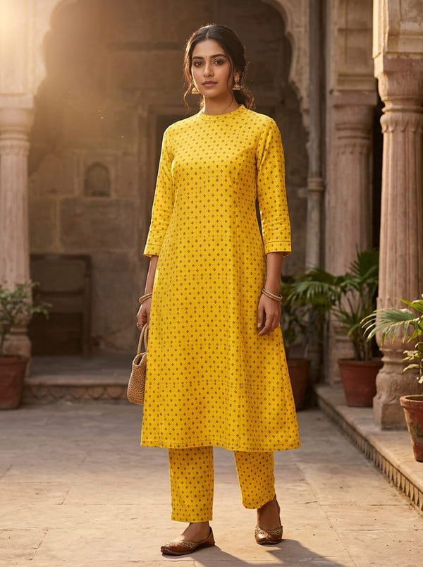 Yellow Small Ethnic Buti Print Kora Silk Digital Printed Fabric - A-Line Kurta with Salwar Lookbook - KS-0-MA01516-110 - alternate view