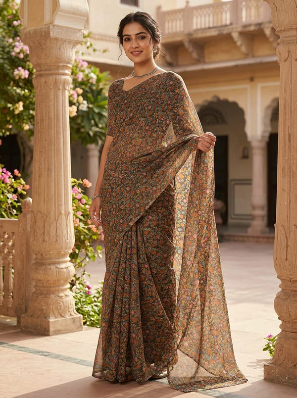 Multicolor Ethnic Ditsy Floral Jaal Kora Silk Digital Printed Fabric - Saree Lookbook - KS-0-MA01532-110 - alternate view