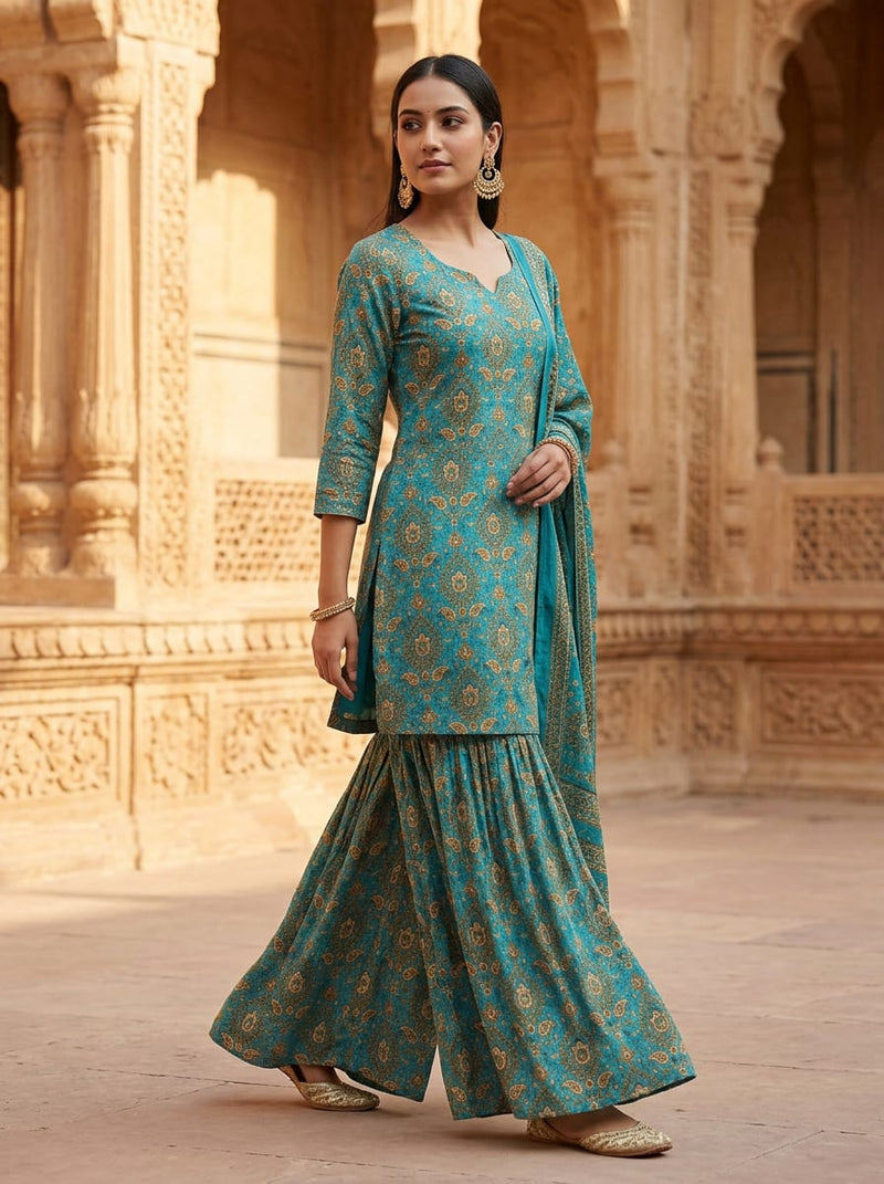 Teal Ethnic Paisley Damask Weightless Digital Printed Fabric