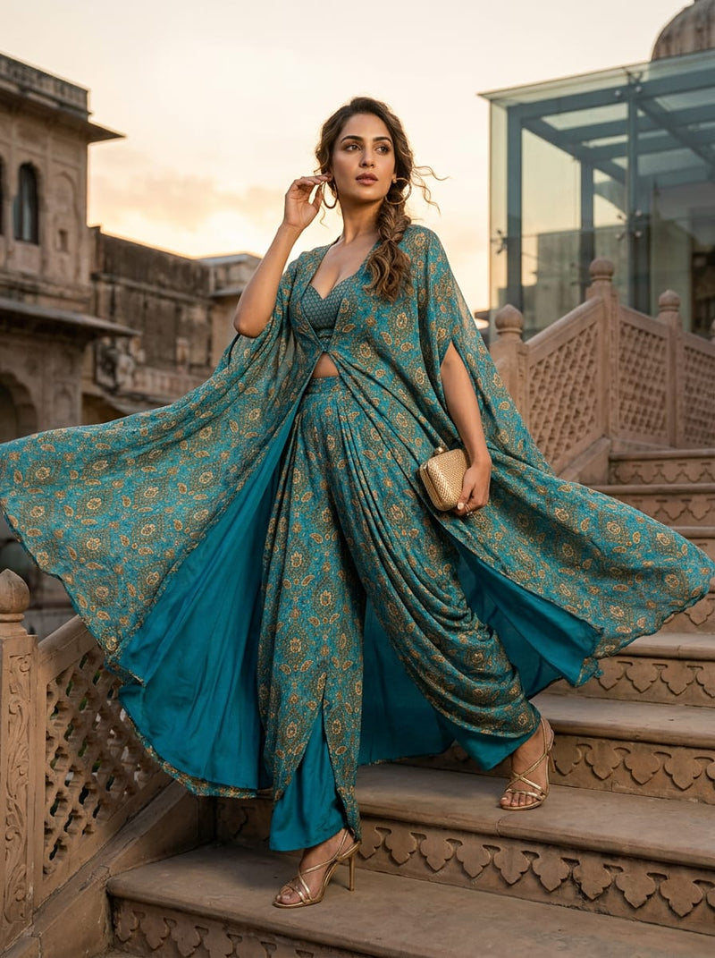 Teal Ethnic Paisley Damask Weightless Digital Printed Fabric