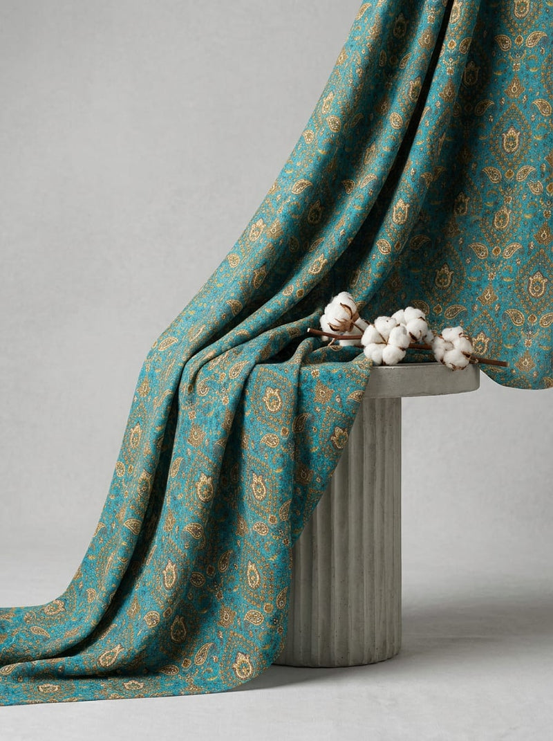 Teal Ethnic Paisley Damask Weightless Digital Printed Fabric