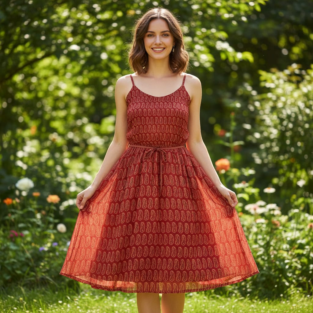 Red Paisley Organza Printed Fabric