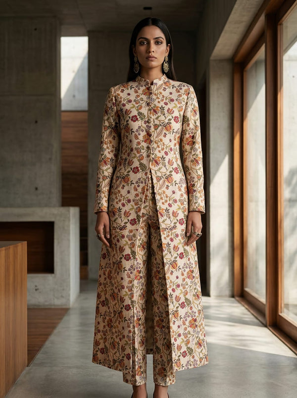 Multicolor Ethnic Floral Jaal Pashmina Digital Printed Fabric - Long Jacket Kurta with Straight Pants Lookbook - POPA-0-MA013877-108 - alternate view