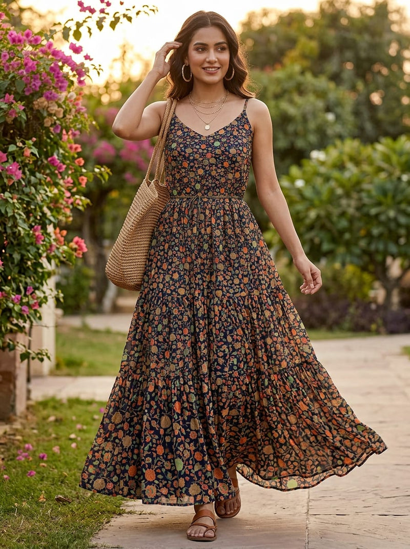 Multicolor Small Intricate Ethnic Floral Pure Georgette Digital Printed Fabric