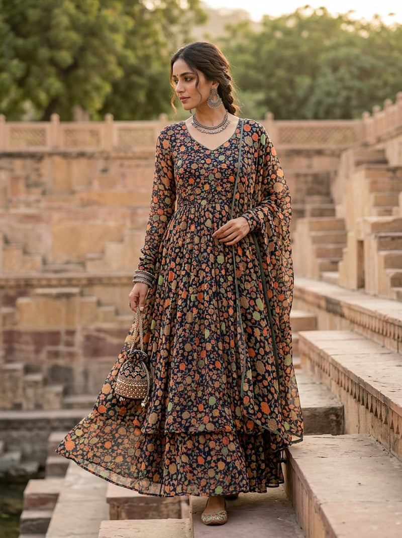 Multicolor Small Intricate Ethnic Floral Pure Georgette Digital Printed Fabric