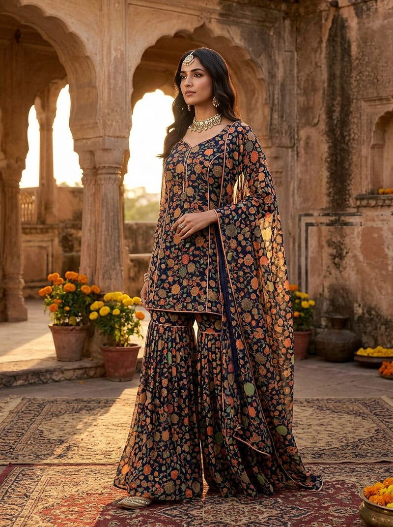 Multicolor Small Intricate Ethnic Floral Pure Georgette Digital Printed Fabric