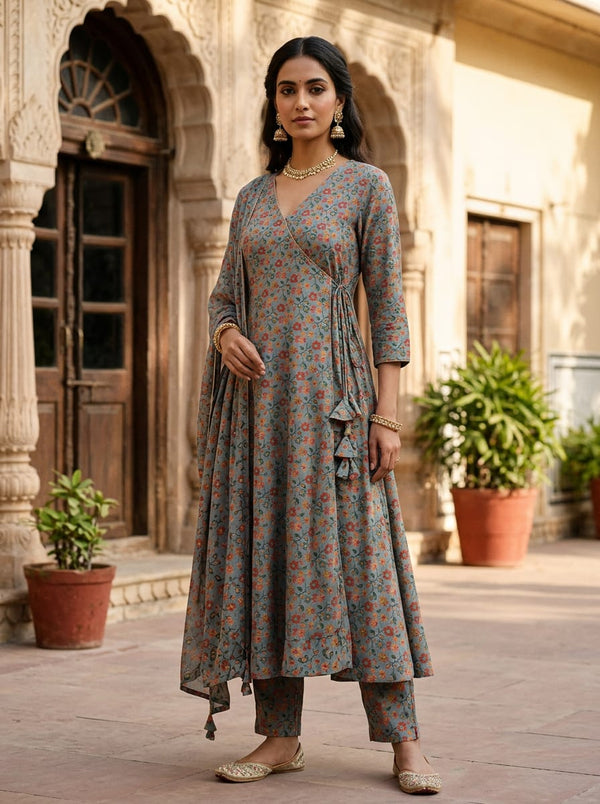 Grey Ditsy Floral Botanical Print Pashmina Digital Printed Fabric - Angrakha Kurta Set Lookbook - POPA-0-MA014068-108 - alternate view