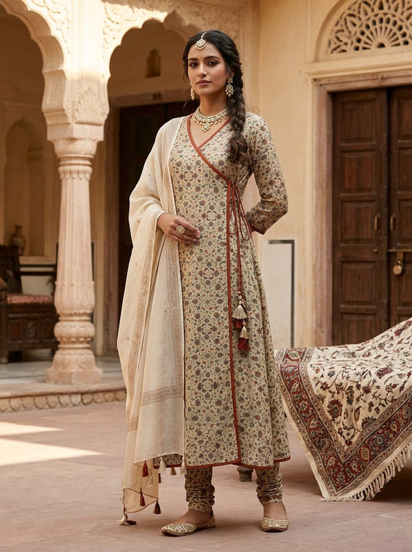 Cream Small Ethnic Floral Buti Pashmina Digital Printed Fabric - Angrakha Kurta Set Lookbook - POPA-0-MA014280-108 - alternate view