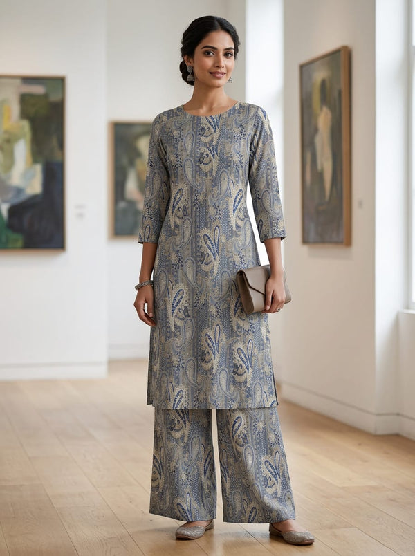 Blue Ethnic Paisley Stripe Pattern Pashmina Digital Printed Fabric - Straight Kurta with Palazzo Lookbook - POPA-0-MA014349-108 - alternate view