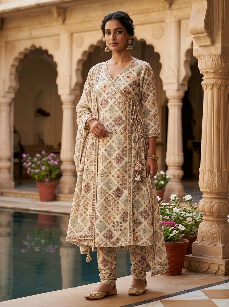Multicolor Ethnic Tile Motif Pashmina Digital Printed Fabric