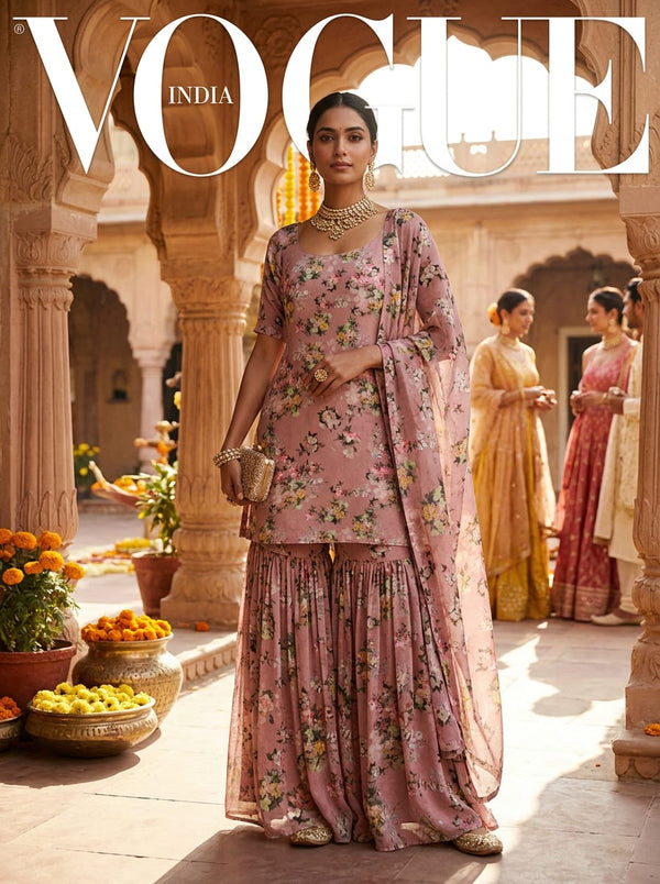 Pink Painterly Floral Bouquet Weightless Digital Printed Fabric - Sharara Set Lookbook - WE-0-MA014667-110 - alternate view