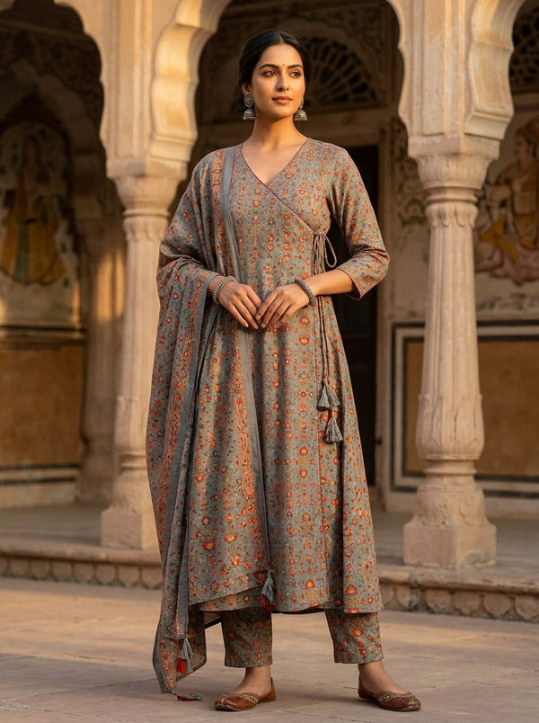 Grey Small Ethnic Floral Jaal Pashmina Digital Printed Fabric - Angrakha Kurta Set Lookbook - POPA-0-MA014947-108 - alternate view
