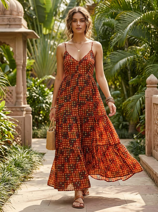 Red Ethnic Bandhani Diamond Pattern Weightless Digital Printed Fabric - Flowy Maxi Dress Lookbook - WE-0-MA015039-110 - alternate view