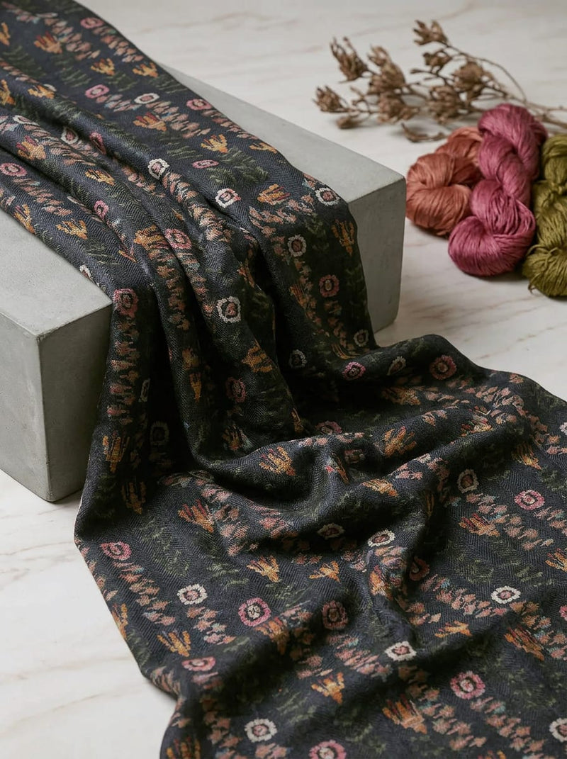 Black Abstract Ethnic Motif Pashmina Digital Printed Fabric