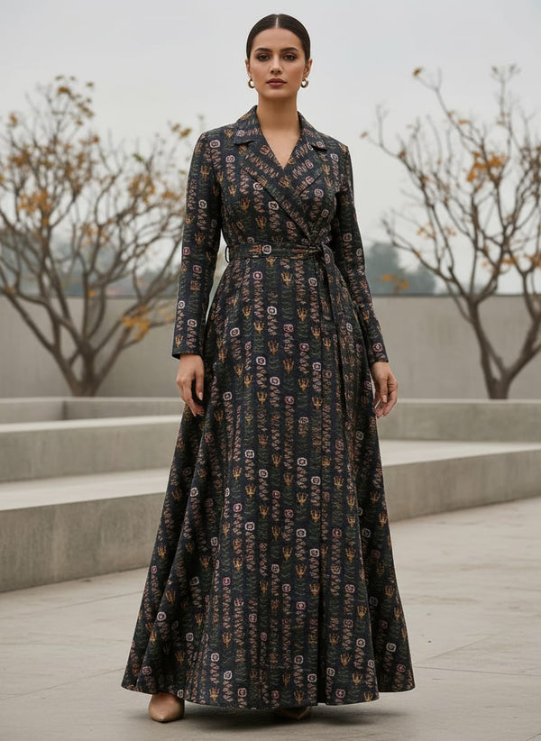 Black Abstract Pashmina Printed Fabric - Wrap Coat Dress Lookbook - POPA-0-MA015054-108 - alternate view