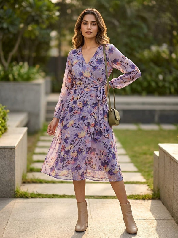 Purple Watercolour Floral Bloom Weightless Digital Printed Fabric - Wrap Dress Lookbook - WE-0-MA015550-110 - alternate view