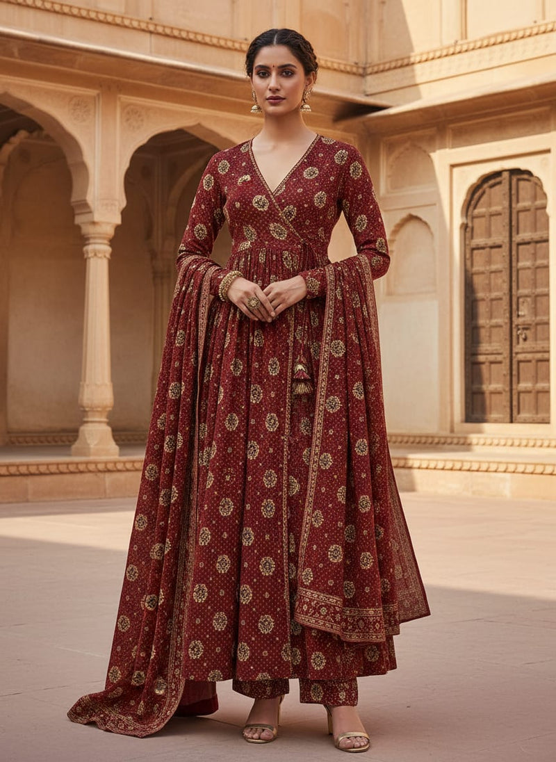 Maroon Flower Pashmina Printed Fabric